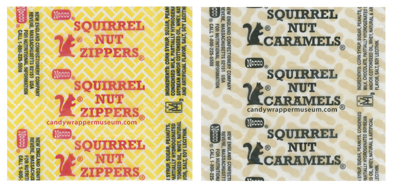 NECCO Squirrel Nut Zippers and Caramels wrappers 2004